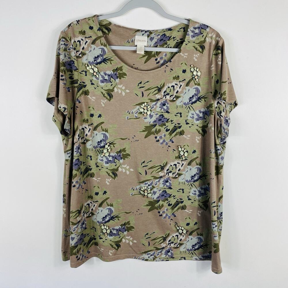 Chico's Top XL 16 3 Brown Floral Beaded Embellished Short Sleeve Cotton Modal